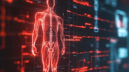 Poster - A futuristic representation of the human body in neon red, showcasing anatomy and technology intersecting with health monitoring.