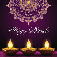 Happy Diwali oil lamps diya  with mandala poster or background