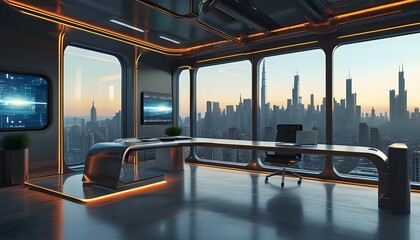 Wall Mural - Futuristic office design featuring digital displays and breathtaking city skyline views