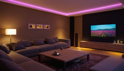 Poster - Stylish Media Room Comfortable Seating Large Screen Ambient Lighting 