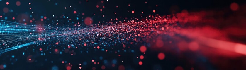 Poster - Dynamic burst of colorful particles in motion, creating an abstract and vibrant background with red and blue hues.