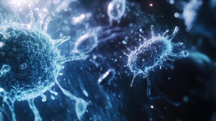 Aufkleber - Microscopic view of vibrant microbes in a fluid environment, showcasing intricate details and textures of cellular life.