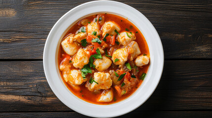 Wall Mural - White bowl with delicious fish stew with tomatoes, paprika, onion, carrots and herbs on rustic wooden table, top view