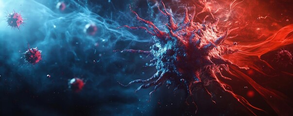 Poster - Dynamic abstract representation of opposing forces, showcasing vibrant colors and intricate structures, symbolizing conflict and evolution.