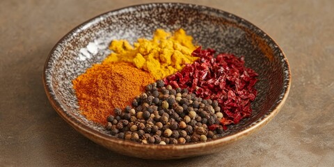 Wall Mural - Spices in a brown bowl on a table.