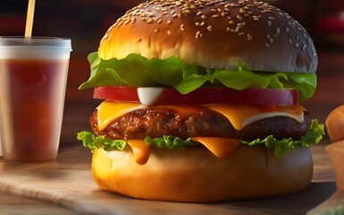 Delicious Humburger on a wooden table, generative ai image, cheese healthy burger, fast food template, closeup view fast food butger. resturant burger menu.