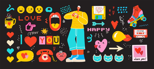 Fototapete - Retro set of icons of 90s. Pop art sticker collection for 1990 born baby. Badge for hipsters with sunglasses, boombox and roller, cassette. Vintage isolated element.
