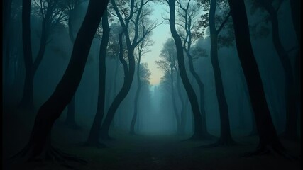Poster - A surreal forest clearing at twilight with towering trees