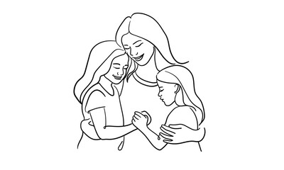 Wall Mural - Mother hugs childs continuous line art drawing isolated on white background. Mothers day. Vector illustration	