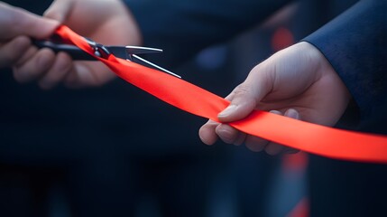 Hand Cutting a Ribbon: A hand holding scissors, cutting through a red ribbon during a grand opening ceremony.
