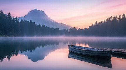 Wall Mural - Tranquil morning at a serene lake with a canoe floating gently under soft pastel skies