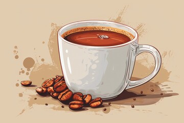 Wall Mural - A detailed illustration of a cup of coffee with foam and scattered coffee beans, evoking a cozy coffeehouse atmosphere.