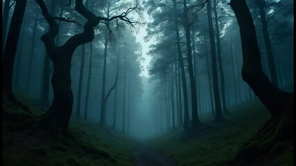 Poster - A surreal forest clearing at twilight with towering trees