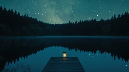 Wall Mural - Nighttime tranquility on a wooden pier with a lantern reflecting over a serene lake under a starry sky