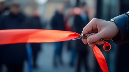 Hand Cutting a Ribbon: A hand holding scissors, cutting through a red ribbon during a grand opening ceremony.
