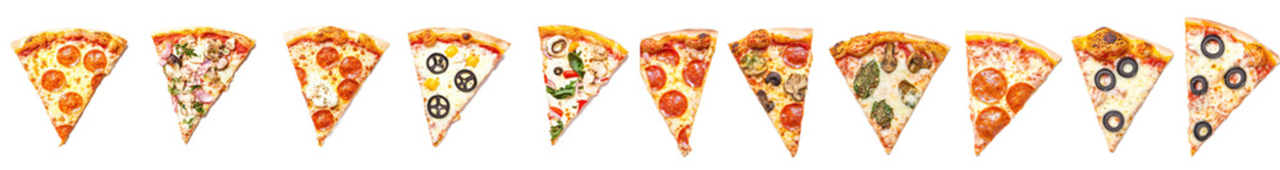 Poster - Slices of pizza with different topping flavors isolated on a bright background, popular fast food that looks great.