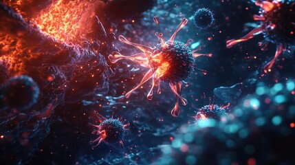 Poster - A stunning close-up of virus particles in vibrant colors, showcasing the intricate details and scientific beauty of microbial life.