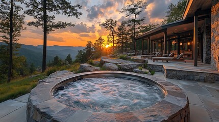 Wall Mural - A serene mountain retreat with a hot tub surrounded by natural stone, overlooking vast mountain peaks at sunset, a roaring fire pit nearby casting a soft glow, creating a peaceful, warm,