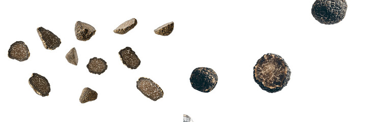 Aufkleber - An isolated truffle mushroom with slices flying in the air, food ingredient flying in the air, whole fungus body.