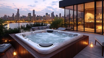 Wall Mural - A sleek hot tub on a modern rooftop terrace, overlooking a stunning city skyline at dusk, surrounded by chic outdoor furniture and an elegant bar,