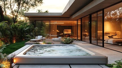 Wall Mural - A sleek modern hot tub in a minimalist backyard, featuring concrete flooring and clean, geometric lines, soft ambient lighting and open space creating a peaceful and elegant atmosphere,