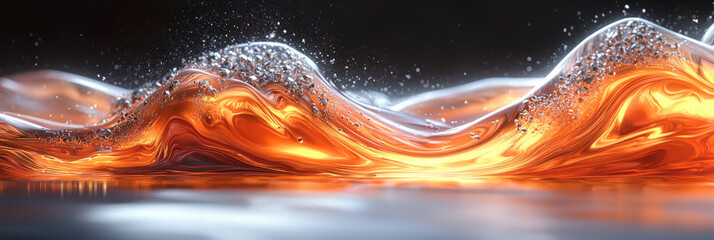 Abstract liquid wave with glowing orange and silver tones, a captivating display of movement and light.