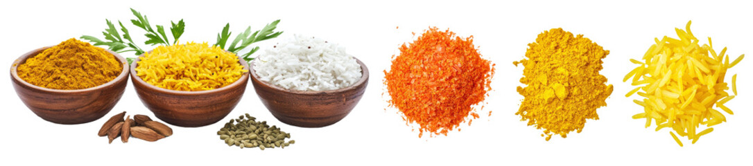 Poster - Authentic Chicken Biryani Rice on background with rice, grill chicken, and turmeric powder for cooking, delicious and popular food.