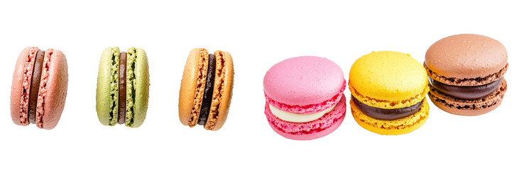 Poster - Colorful pastel Macarons sweet dessert isolated on white background, pink, blue, and orange.