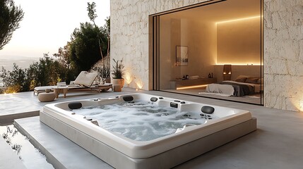 Wall Mural - A sleek rectangular hot tub in a minimalist backyard, featuring concrete flooring, clean lines, soft ambient lighting casting subtle shadows, creating a serene and modern atmosphere,