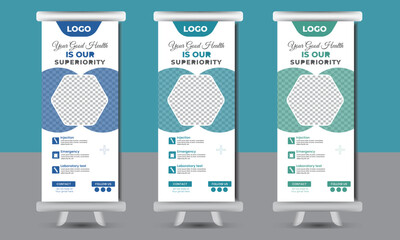 Gradient color medical roll up banner vector template design