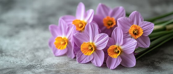 Wall Mural - A Bouquet of Pink and Orange Daffodils on a Grey Surface