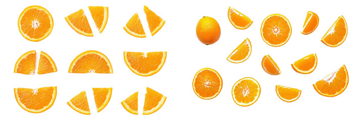 Poster - Flat view of citrus tropical fruit with orange flesh and slice pieces isolated on white background.