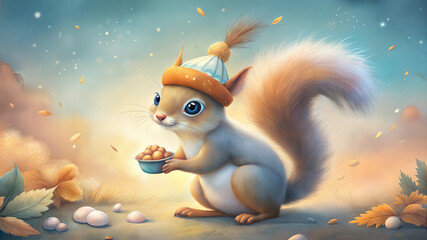 Cute squirrel character with a joyful expression holding acorns in a colorful autumn setting
