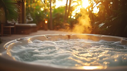 Wall Mural - A tropical oasis hot tub in a backyard, surrounded by palm trees, bamboo, and warm tiki torches, steam gently rising, with golden light filtering through the lush greenery,