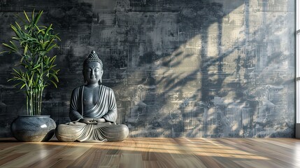 Wall Mural - Buddha sculpture with a minimalist, modern interior backdrop 