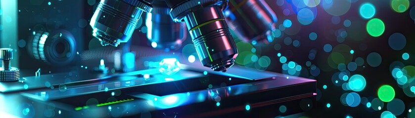 Poster - A close-up of a microscope with vibrant colors and lights, showcasing scientific exploration and innovation in a laboratory setting.