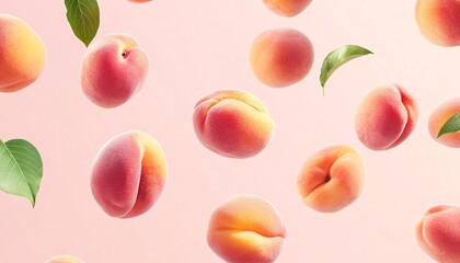 Soaring peaches create a vibrant atmosphere in a soft peach backdrop, showcasing a delightful fruit and vegetable background.