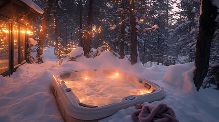 Wall Mural - A winter wonderland hot tub surrounded by snow-laden pine trees, steam rising into the frosty air, cozy blankets nearby, with soft twinkling lights illuminating the snow-covered backyard,