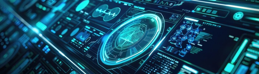 Poster - Futuristic digital interface displaying advanced technology with glowing elements and intricate data visualization.