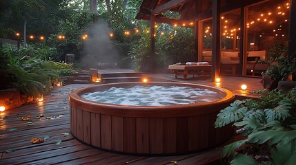 Wall Mural - A wooden deck with a rustic hot tub, surrounded by vibrant greenery, glowing string lights adding warmth, steam rising from the water in the evening, creating a cozy, peaceful,