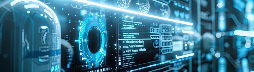 Poster - Futuristic technology interface displaying data and graphs in a sleek digital environment with blue neon accents.