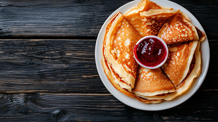 Sticker - Thin crepes folded in triangles are served with raspberry jam on a white plate standing on a dark wooden background