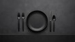 © Creator88 - Sleek, contemporary dinner table with matte black plates, minimal lighting, subtle reflections on the silverware, Realistic, Monochrome