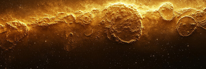 Wall Mural - A close-up of a golden planet, with craters and a star-filled sky in the background.