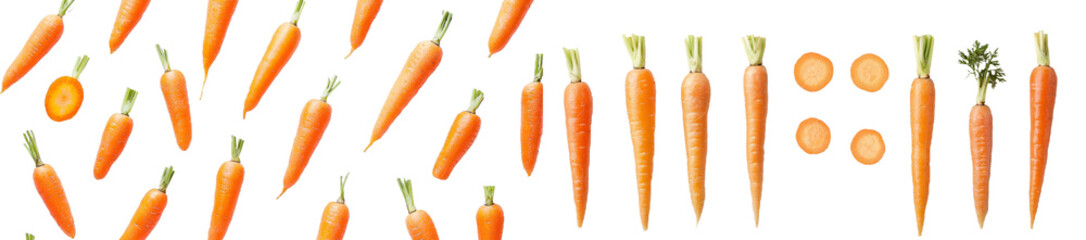 Poster - Carrots and half slices in different arrangements isolated on a white background, foods vegetables for culinary use.