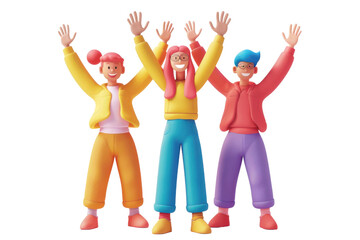 Colorful characters celebrating joy and friendship with raised hands, showcasing positivity and unity in a fun illustration.