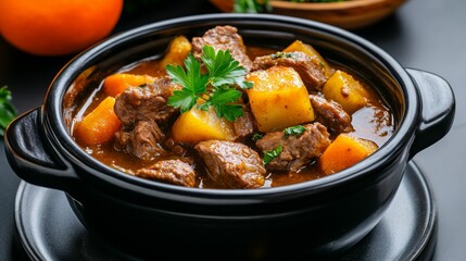  A hearty beef and vegetable stew in a black pot garnished with parsley.