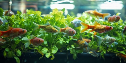 Goldfish swimming in a green aquatic plant tank.