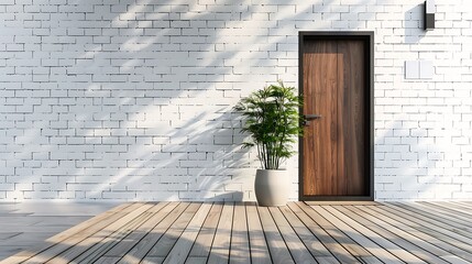 Attractive suburban front door with a wooden walkway and a pot of grass