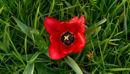 Vibrant Beauty: A Wild Red Tulip Blooms in a Grassy Meadow